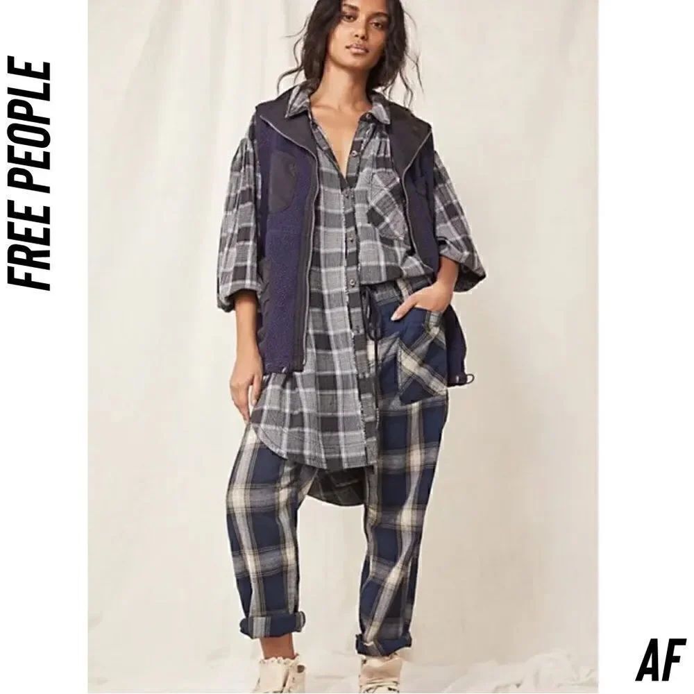 FREE PEOPLE WILDSIDE PLAID TUNIC TOP IN Blue Black Plaid XS New